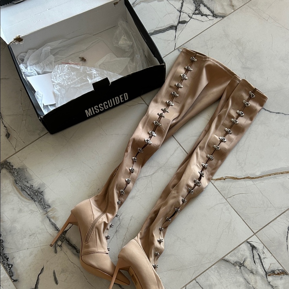 Missguided Beige Over-the-Knee Boots with Metal Accents HOT